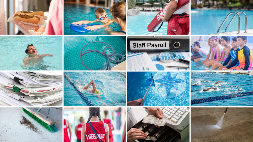 Pictures of Aquatic Professionals day, pool cleaning, swimmers, drowning child, pool vacuum, swimmers, Aquatics Friend