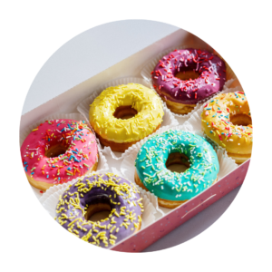 Box of colorful donuts