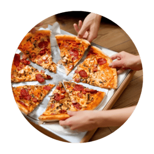Pizza and hands reaching for it