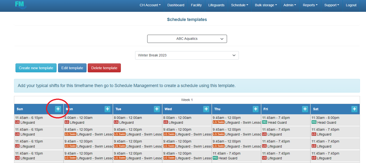 Screenshot of Schedule Manager adding a shift to a schedule template