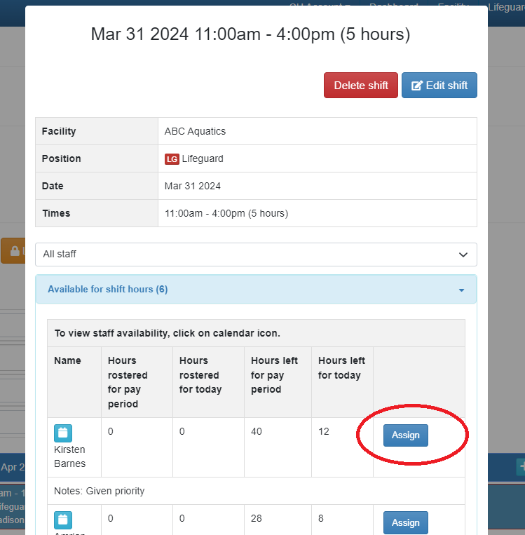 Screenshot of Schedule Manager assign a shift to 