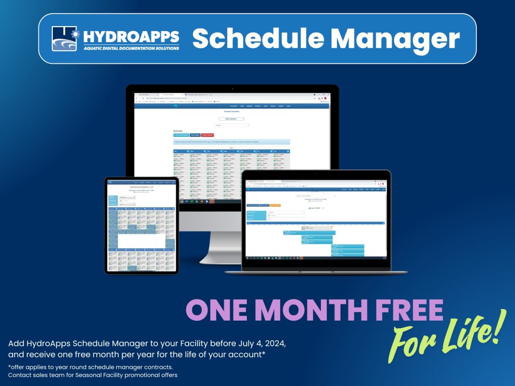 Image of HydroApps Schedule Manager on three device screens showing how it looks on a computer, laptop, and tablet.